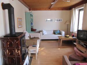 a living room with a wood stove and a couch at Vakantiehuis Reuzengebergte in Horní Lánov