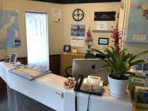 an office with a desk with a phone and a plant at Castles Motel in Nelson