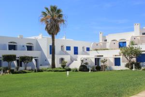 a white building with a palm tree in front of it at Windmill Hill in Albufeira
