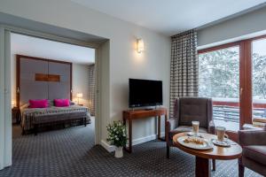 a living room with a couch and a television at Hotel SPA Dr Irena Eris Krynica Zdrój in Krynica Zdrój