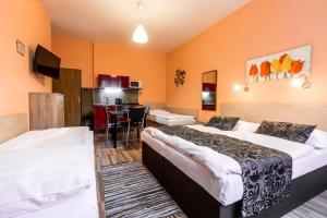 プラハにあるRezidence Davids Apartmentsのベッド2台とキッチンが備わるホテルルームです。