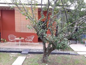 Reyes的住宿－Alquiler Monoambiente，桌子和椅子,大楼前的树
