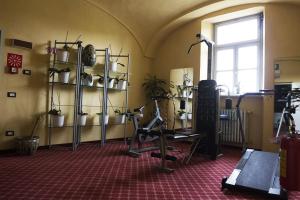 una sala con una palestra con piante in vaso sugli scaffali di Hotel Portici a Vicoforte