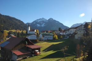 a small town with a church and a field with mountains at Herzen´s Landhaus in Hirschegg +21 photos