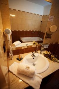 uma casa de banho com um lavatório e um espelho em Hotel Savoy em České Budějovice