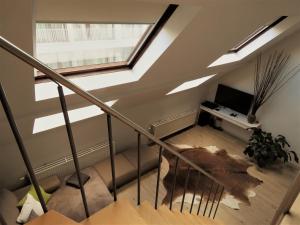 an attic staircase with a skylight and a television at Villa Einstein Apartments in Antwerp