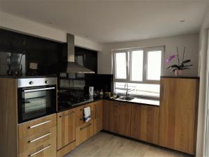 a large kitchen with wooden cabinets and a window at Villa Einstein Apartments in Antwerp
