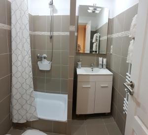 a bathroom with a sink and a shower and a toilet at Hédi Vendégház Eger in Eger +34 photos