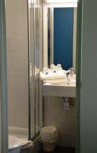 a bathroom with a sink and a mirror and a toilet at Ibis Budget Hyères in Hyères