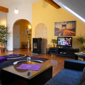 ein Wohnzimmer mit einem Sofa und einem TV in der Unterkunft Cochem Ferienwohnung Scheuer in Cochem