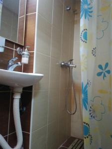 a bathroom with a sink and a shower curtain at Apartman Merkur in Sombor
