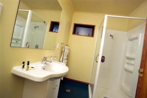 a bathroom with a sink and a shower with a mirror at Donegal House in Kaikoura