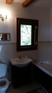 Un baño con lavabo, inodoro y ventana. en Casa Zara, en Bran