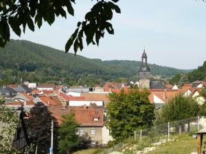 - une vue sur une ville dotée d'une tour de l'horloge dans l'établissement Ferienwohnung Haus "Anna", à Bad Blankenburg
