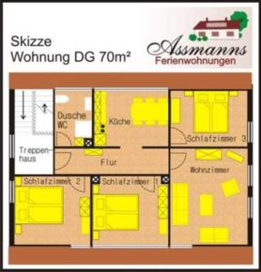 a floor plan of a building with yellow at Assmanns Ferienwohnungen Ost in Miltenberg