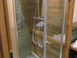 a shower with a glass door in a bathroom at Chez La Fine in Les Gets