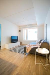 um quarto com uma cama, uma televisão e uma mesa em Aurora City Center Suite em Rovaniemi