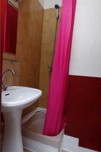 łazienka z umywalką i różową zasłoną prysznicową w obiekcie Hôtel du Pont Neuf w Paryżu