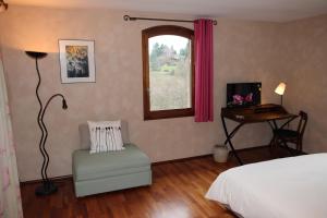 een slaapkamer met een bed, een stoel en een raam bij Le Vallon de Saint André in Limonest