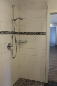 a shower in a bathroom with white tiles at Ferienwohnung in der Rhön Sitzmann in Bischofsheim an der Rhön +29 photos