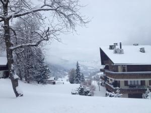 una montaña cubierta de nieve con una casa y un árbol en Haus Fless 7 en Klosters Dorf