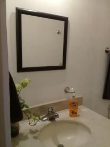 a bathroom sink with a mirror and a soap dispenser at Consulado Suites in Monterrey