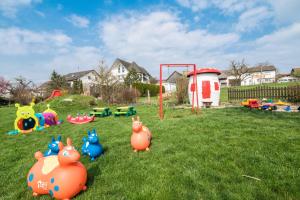 a playground with lots of toys in the grass at Hotel Goldener Löwe in Günzburg