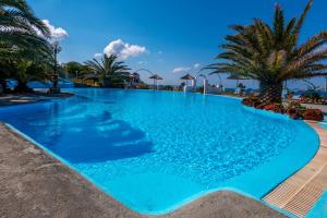 a large swimming pool with blue water and palm trees at Caldera View Resort - Adults Only in Akrotiri