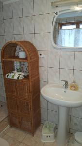 łazienka z umywalką, lustrem i koszem w obiekcie ROZTOKI Four Seasons w mieście Witów +10 zdjęć