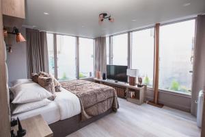 um quarto com uma cama, uma televisão e janelas grandes em Clarendon Suites em Dublin