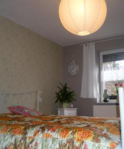 路德斯塔德艾斯勒本的住宿－Ferienhaus Hofmann，一间卧室配有一张床和一盏灯