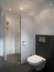 een badkamer met een toilet en een glazen douche bij Overbosch in Bilthoven