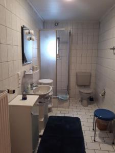a bathroom with a sink and a toilet at Ferienwohnung Deuerling in Nurn