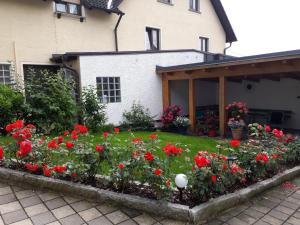 a garden with red flowers in front of a house at Ferienwohnung Deuerling in Nurn