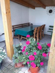 a patio with a green table and some flowers at Ferienwohnung Deuerling in Nurn +6 photos