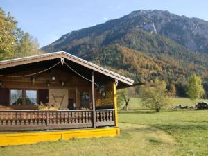 a house in a field with a mountain in the background at Ferienalm in Ruhpolding