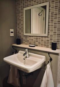 a bathroom with a white sink and a mirror at Flat 4, York Terrace in Norwich