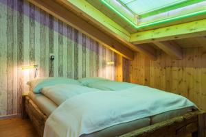 ein großes Bett in einem Zimmer mit Dachfenster in der Unterkunft Haus Sunrise in Zermatt