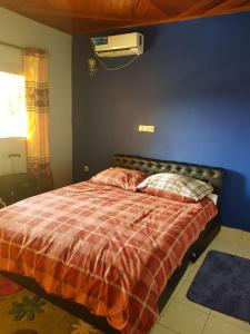 Schlafzimmer mit einem Bett mit blauer Wand in der Unterkunft Appart meublés Yaounde in Jaunde