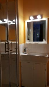 a bathroom with a sink and a mirror at Le Pavillon in La Bourboule