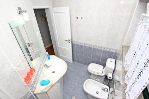 
a bathroom with a toilet, sink, and shower at Guest House Pereira in Vila Praia de Âncora

