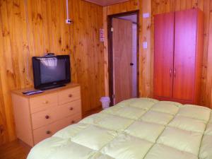 - une chambre avec un lit et une télévision sur une commode dans l'établissement Hospedaje Ayelen, à Ancud