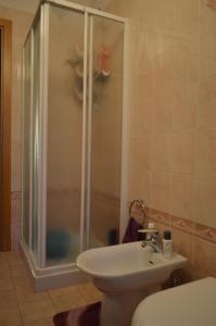 Un baño con ducha, lavabo e inodoro. en La Casa di Manolo, en Bolonia