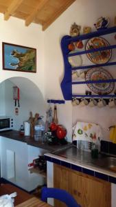 a kitchen with a counter with plates on the wall at Casa da Fajãzinha in Vila do Porto