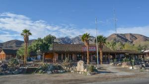 a palm tree stands in front of a large building at Panamint Springs Motel & Tents in Panamint Springs