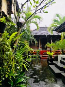 a garden with a pond in front of a house at Pangkung House in Ubud