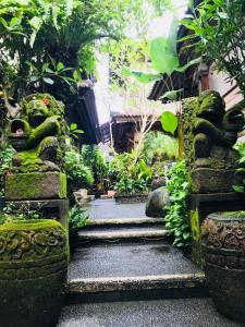 un jardín con plantas verdes y escaleras en un edificio en Pangkung House en Ubud