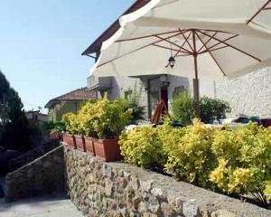a stone wall with an umbrella and some plants at Albergo Smeraldo in Castelnuovo Magra