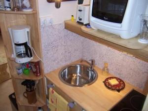 uma pequena cozinha com um lavatório e um micro-ondas em La maison de poupet em Salins-les-Bains