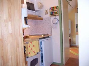 uma cozinha com um balcão e um frigorífico branco em La maison de poupet em Salins-les-Bains